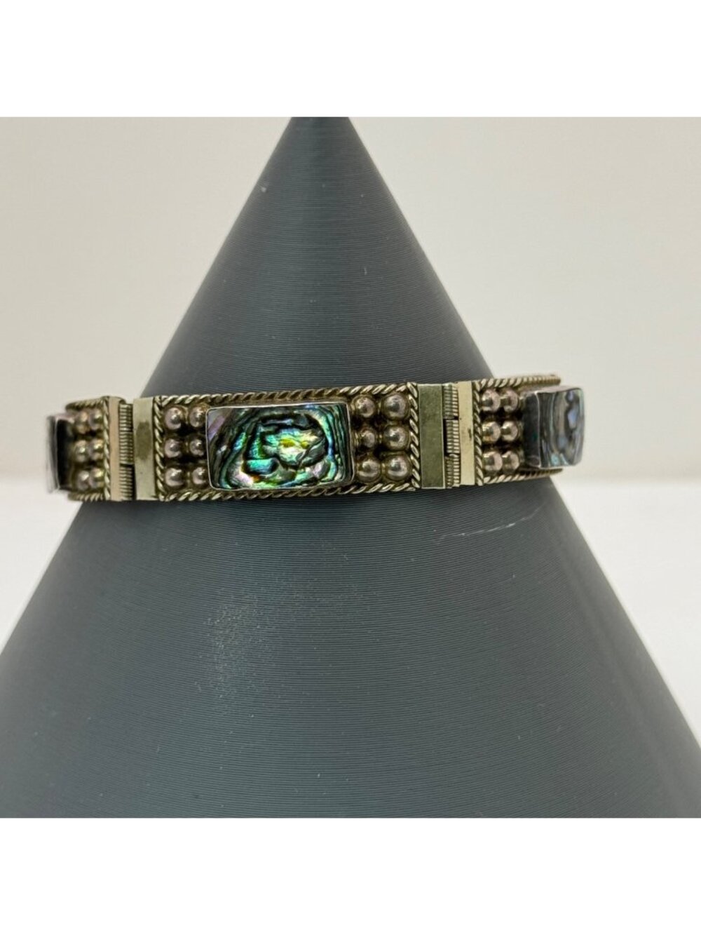 Taxco Abalone Panel Bracelet Vintage Mexican Sterling Silver Inlay 7" Intricate